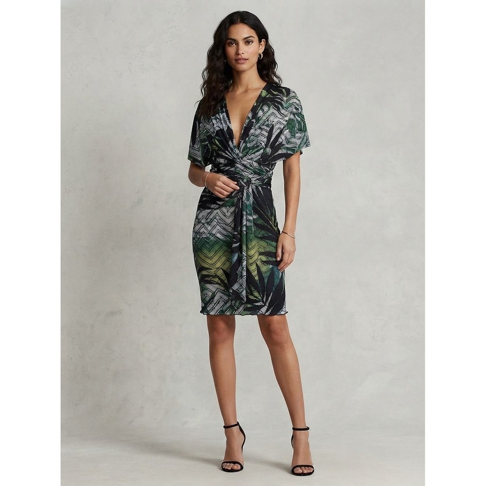 Pia Colors Womens Dress 8 Green Black Tropical Twist Front Sheath
